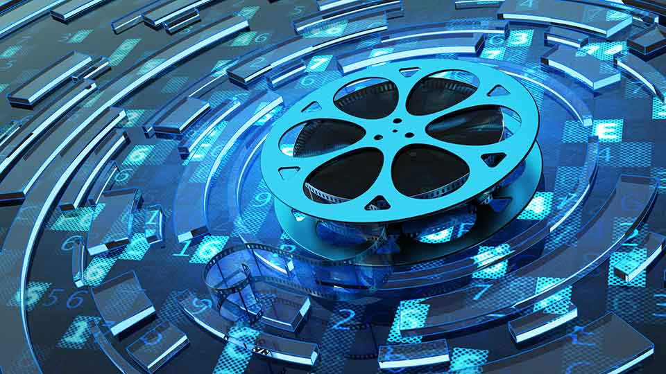 Film reel on blue technology background with computer code and abstract circles