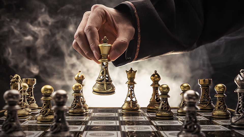 Man playing chess with a Khaan Chess set