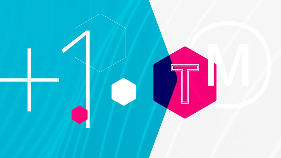 Abstract geometric graphic with a teal and white diagonal split background, featuring hexagon shapes, a plus sign, the number “1.” on the left, and a pink-and-navy hexagon on the right containing a stylized “T,” with a faint circular “M” in the background.