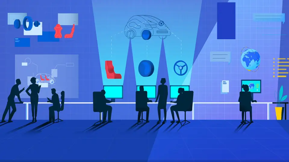 A blue-toned automotive design studio shows silhouetted designers reviewing a car sketch, dashboard displays, and a glowing globe, creating a futuristic, collaborative mood.