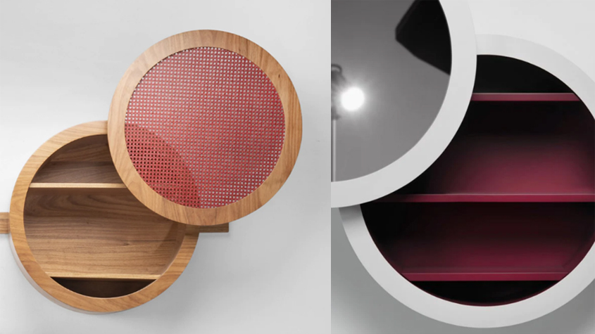 Photo of Punto cabinet, one in wood with red mesh detail on door and one in silver deep red shelves and silver door with black glass.