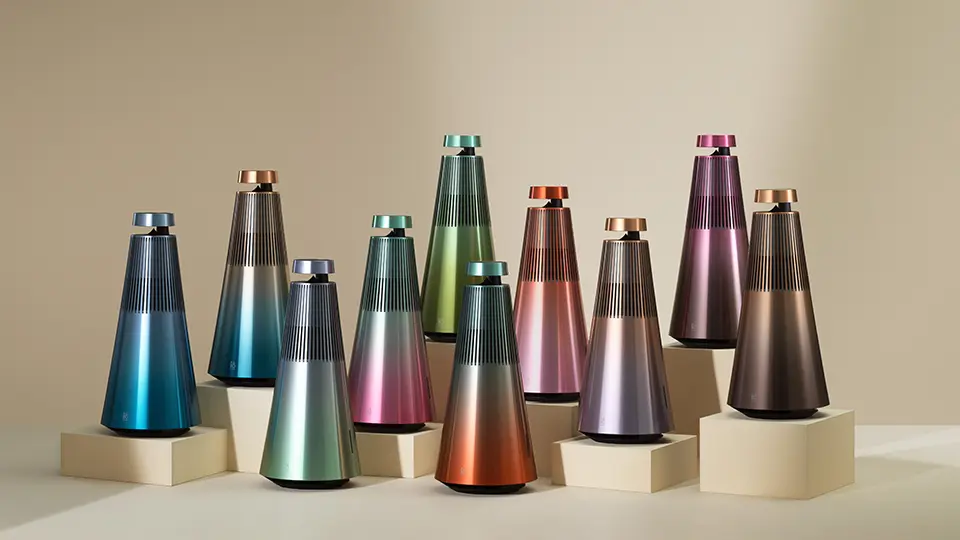 The conical design of Bang & Olufsen's Beosound 2 speakers