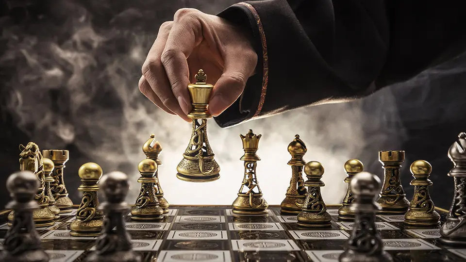 Man playing chess with a Khaan Chess set