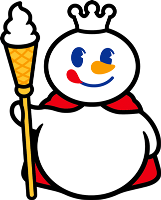 Cartoon snowman mascot wearing a crown and red cape, holding an ice cream cone like a scepter. The character has a smiling face with colorful blue, red, and orange facial features.