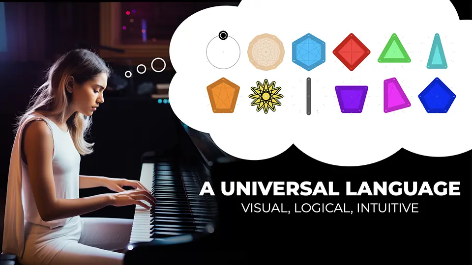 Woman plays the piano visualizing music notes as geometric shapes