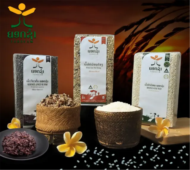 Yordxam’s rice products, including the GI-certified Khao Kai Noi rice
