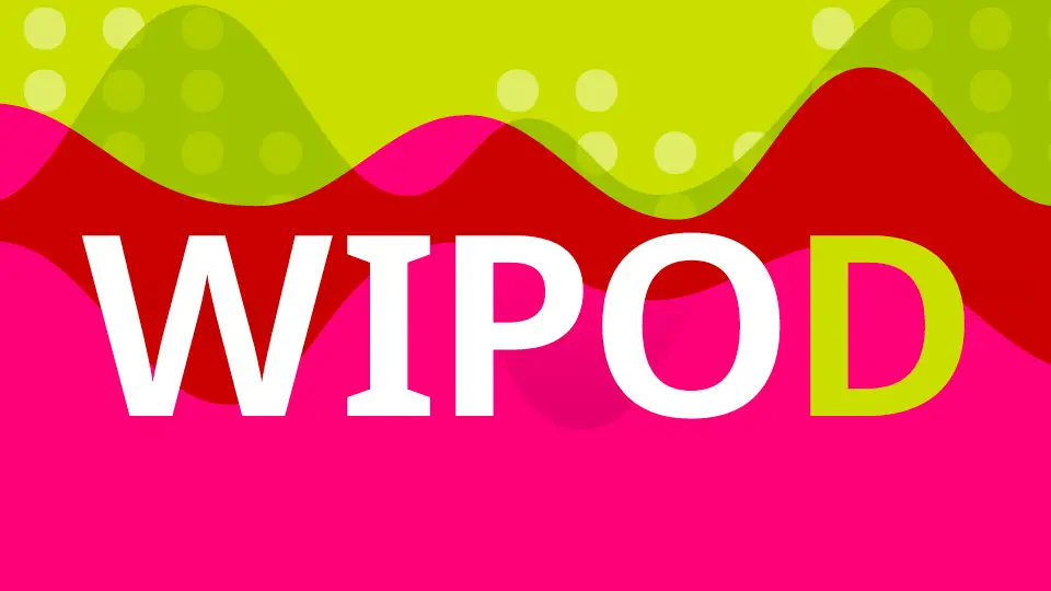 Bold white “WIPO” and lime “D” lettering over layered red and hot-pink waves, with a dotted lime-green background; bright, playful graphic.
