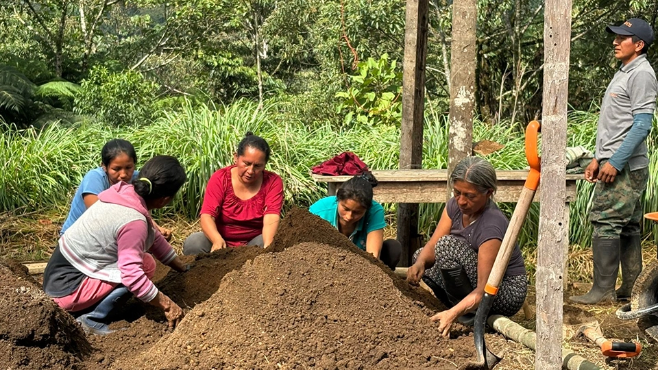 People mixing soil outdoors in a forested community garden.